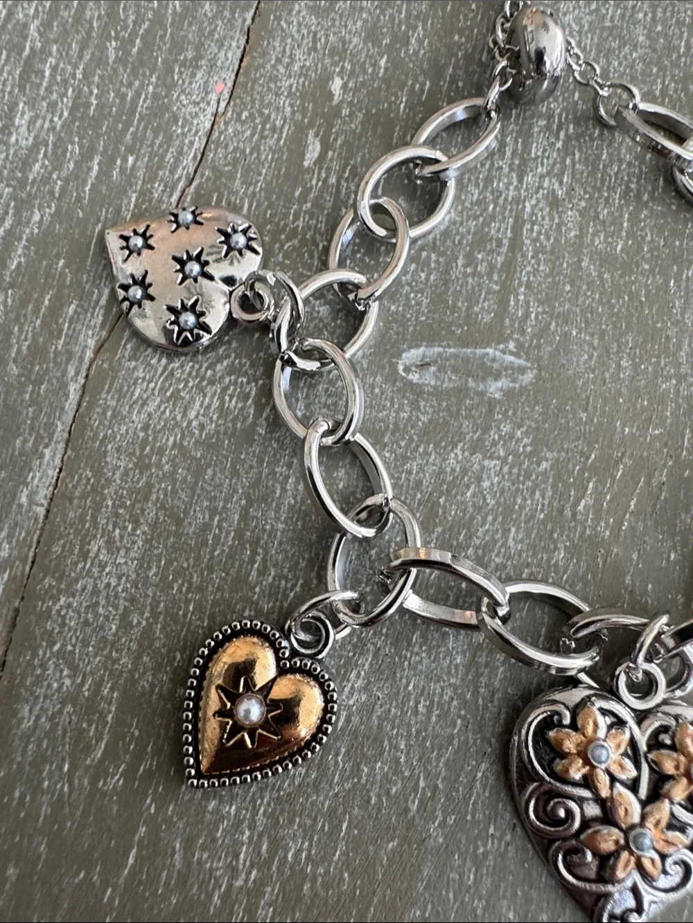 Two-Tone Heart Charm Bracelet - Silver & Gold Accents